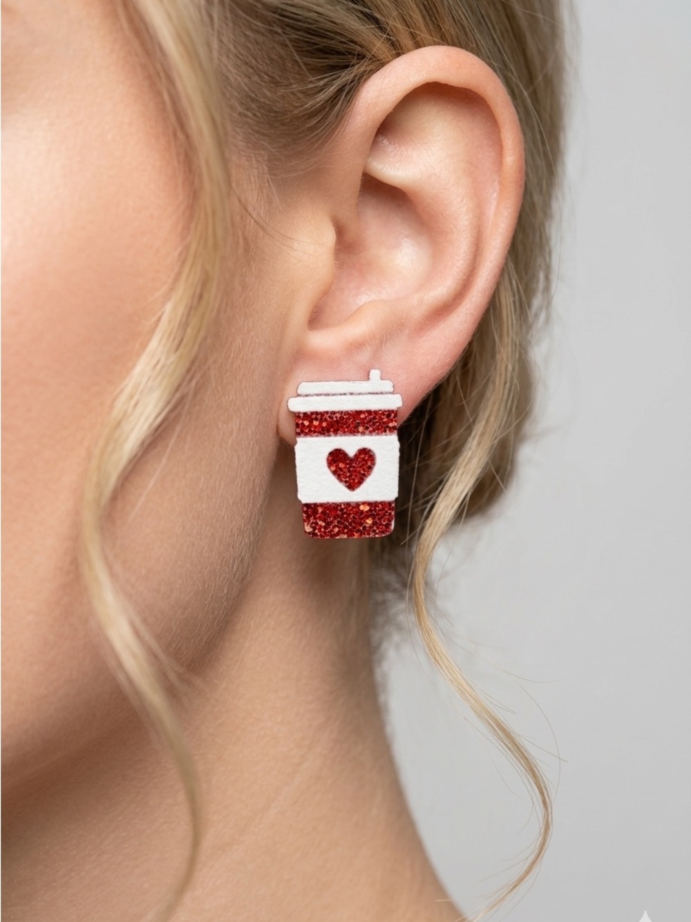 Red Glitter Coffee Cup Heart Stud Earrings